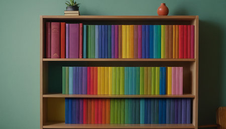 Bookshelves with colorful books and vase on green wall backgroundの素材