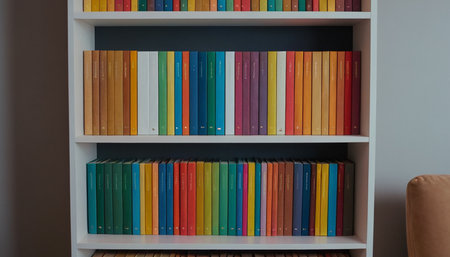 Bookshelves with colorful books on the shelf in the living roomの素材