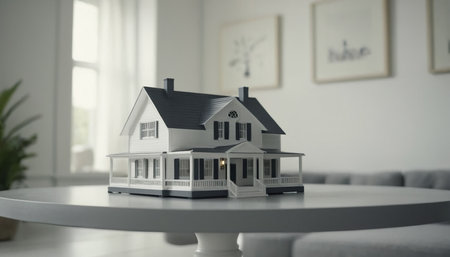 House model on the table. Real estate concept. 3d rendering.の素材