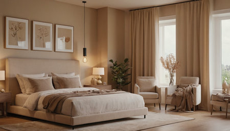 Interior of modern bedroom with beige walls, carpet on the floor, comfortable bed with pillows and armchairs. 3d renderの素材