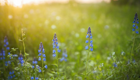 Beautiful blue flowers in the meadow at sunset. Nature backgroundの素材
