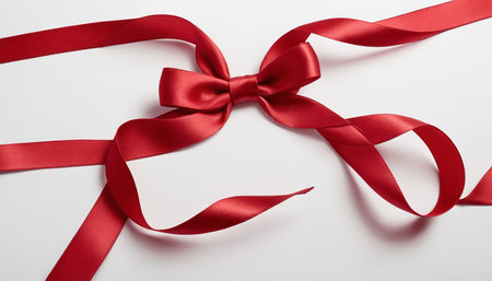 Red satin ribbon with bow on white background. Top view.の素材