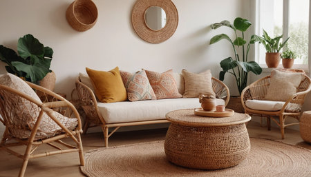 Interior of modern living room with wicker sofa, rattan armchair and plantsの素材