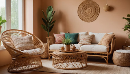 interior of modern living room with wicker sofa, rattan armchair and plantsの素材