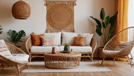 Interior of a modern living room with wicker rattan furnitureの素材