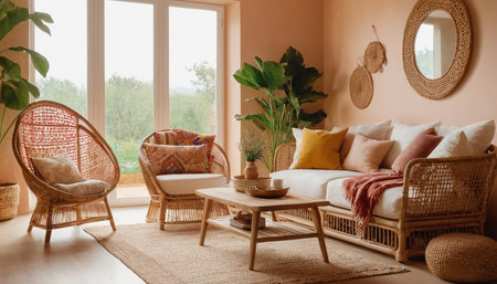 Interior of modern living room with wicker armchairs and plantsの素材