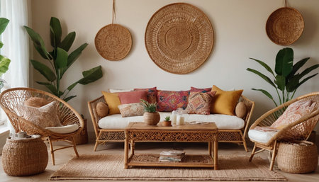 Interior of living room with wicker sofa, rattan armchairs and plantsの素材