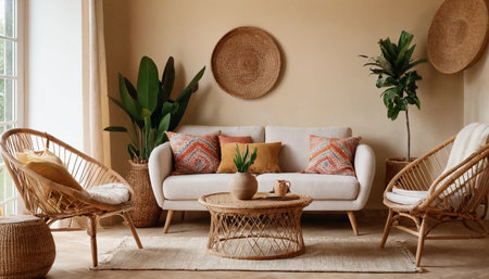Interior of modern living room with rattan furniture and wicker armchairsの素材