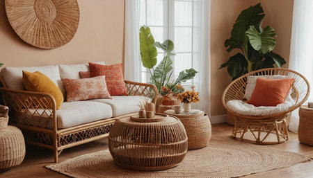 Interior of modern living room with wicker rattan furniture and plantsの素材