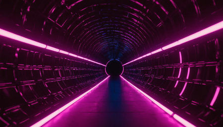 3d render. Futuristic tunnel corridor with glowing neon lights. Futuristic corridor with neon lights.の素材