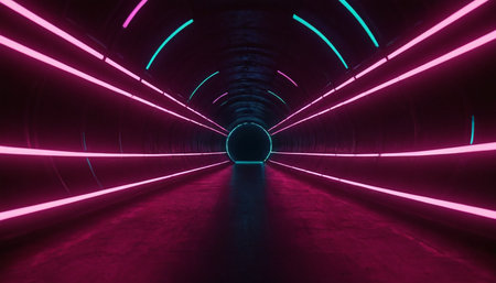 3d render of abstract background with neon lights. Futuristic tunnelの素材