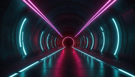 3D rendering. Futuristic tunnel corridor with glowing neon lights.の素材
