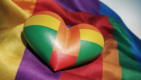 Heart shaped object on a rainbow flag, symbol of love and peaceの素材