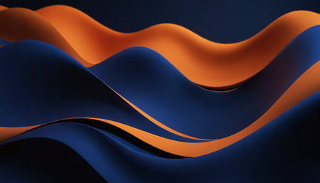 3d render of abstract wavy background with blue and orange elementsの素材