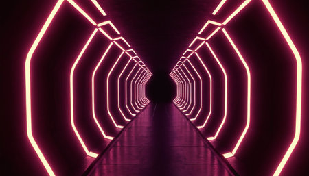 abstract futuristic tunnel corridor with glowing neon lights 3d render illustrationの素材