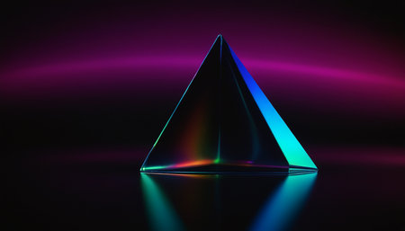 3d rendering of a pyramid in neon light on a black backgroundの素材
