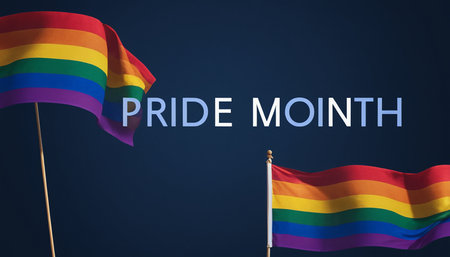 Rainbow flag and text Pride Month against blue background with copy spaceの素材
