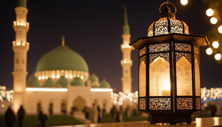 Lantern in front of mosque at night. Ramadan Kareemの素材