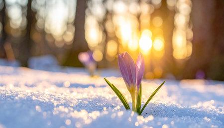 Beautiful crocus flowers in the snow. Early spring. Symbol of peace and joy.の素材