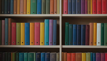 Row of colorful books on bookshelf in library, stock photoの素材