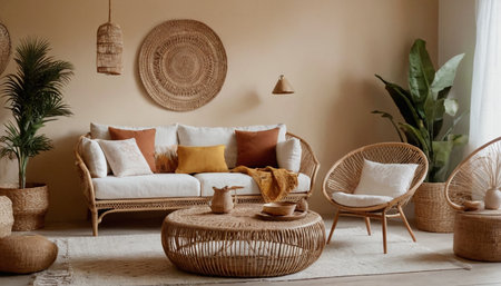 Interior of living room with rattan sofa and wicker chairの素材