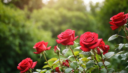 Beautiful red roses in the garden. Nature background. Close-up.の素材