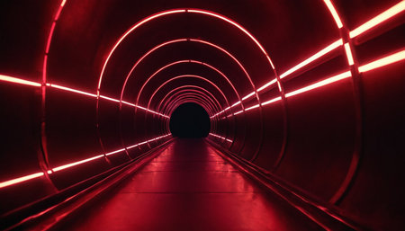 Abstract dark tunnel with red neon lights. 3d render illustration.の素材
