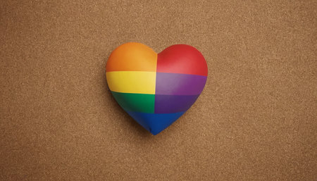 Colorful heart with LGBT pride flag on cork board background.の素材