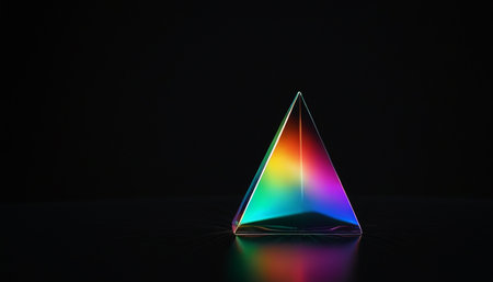 3d render of crystal with rainbow reflection on dark background. 3d illustrationの素材
