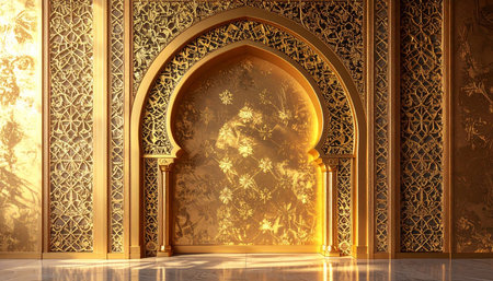 3D rendering of a beautiful oriental interior with golden ornamentsの素材