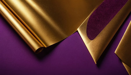Close up of a gold and purple envelope on a purple background.の素材