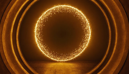 Glowing neon circle on a dark background. 3D rendering.の素材