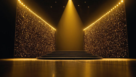 3d render of stage with golden lights and podium. Award ceremony concept.の素材