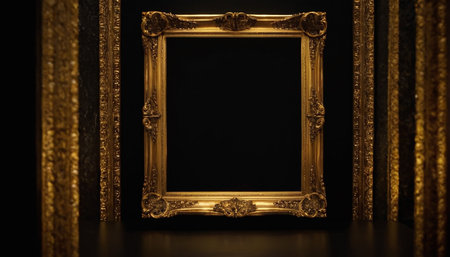 Gold picture frame on a black background. 3d rendering, mock upの素材