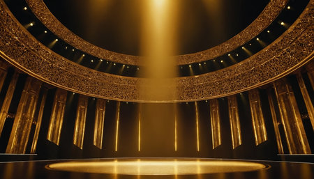 3D rendering of a stage in a theater with golden lighting.の素材