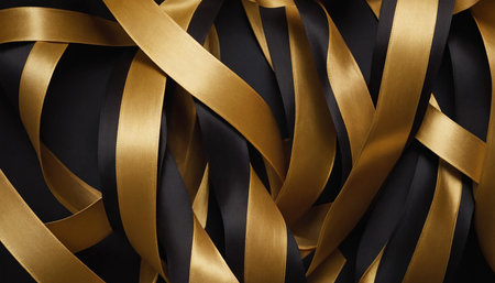 Black and gold satin ribbons background. 3d render illustrationの素材