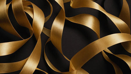 Golden satin ribbons on black background, 3d render illustrationの素材