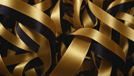 close up of black and gold satin ribbons, abstract backgroundの素材