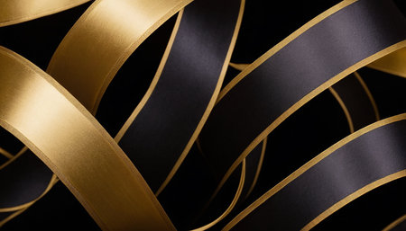 Black and gold ribbons on a black background. 3d renderingの素材