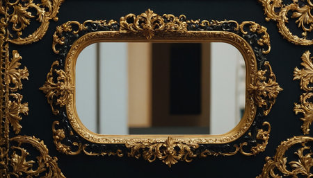 Gold frame on the wall in a room with black walls and mirrorの素材