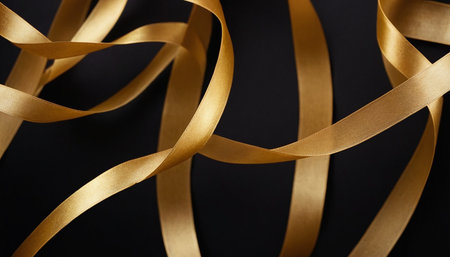 Shiny golden satin ribbon on black background, closeup viewの素材