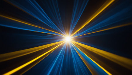 abstract blue and yellow rays of light on a black background.の素材