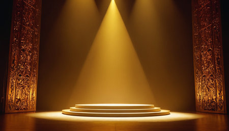 golden pedestal on stage with spotlights. 3d renderingの素材