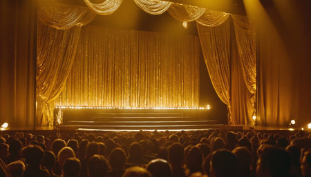 Cinema stage with golden curtains and stage lights. Cinema auditoriumの素材