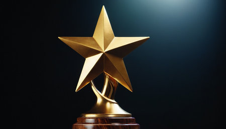 Golden star award trophy on black background with copy space for your textの素材