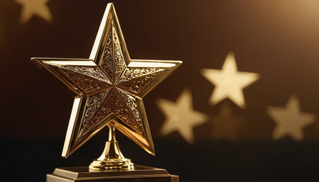Golden star award on a black background. 3D Rendering.の素材