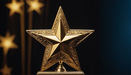 Golden star on a dark background. 3d rendering, 3d illustration.の素材