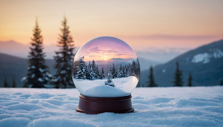 Snow globe with sunset in the mountains. Beautiful winter landscape with snow globe.の素材