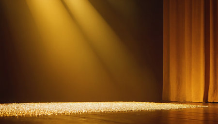 Gold stage curtain and spotlights on the floor in the theater.の素材