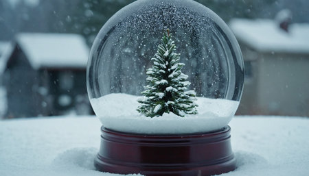 Snow globe with christmas tree in snowfall. Christmas background.の素材